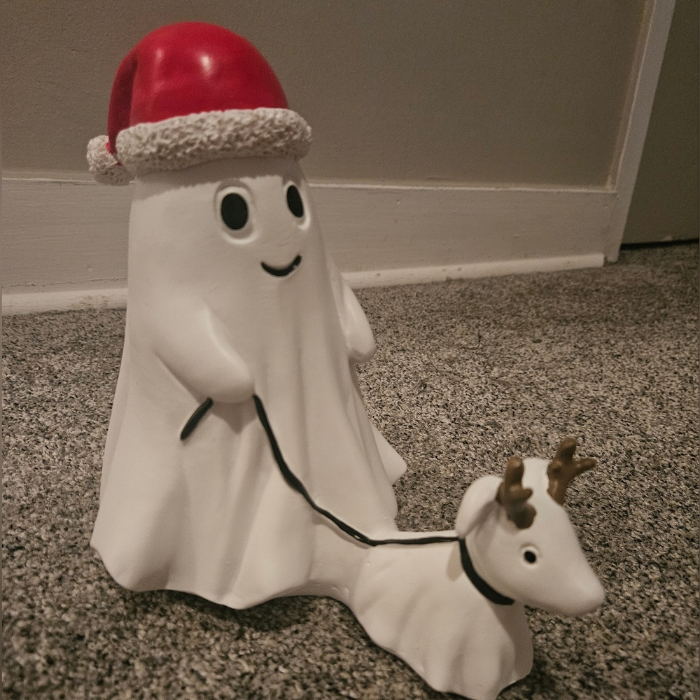 Festive Ghost with Santa Hat Walking Dog With Reindeer Ears Christmas Figurine - Picture 3 of 3